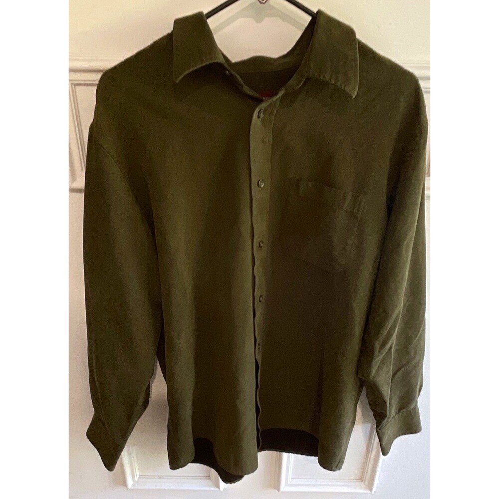 Covington Men’s L Long Sleeve Button-Up Shirt w/Pockets Green Solid Polyester